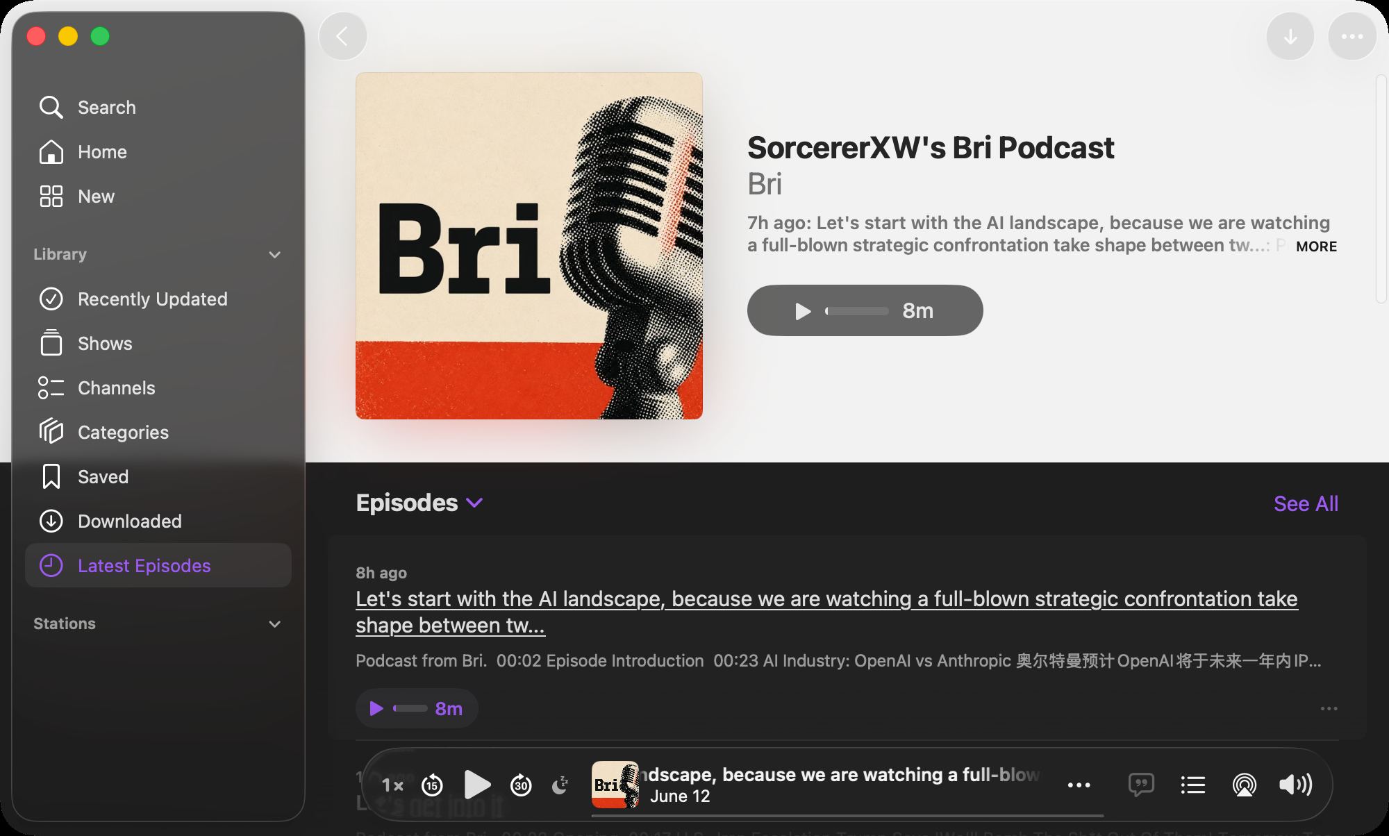 Podcast app playback for a Bri briefing