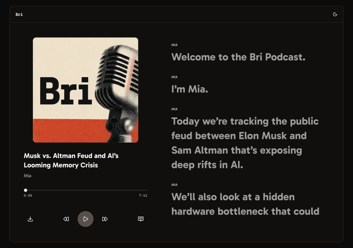 A finished English solo Podcast in Bri with Mia hosting alone and a segmented transcript